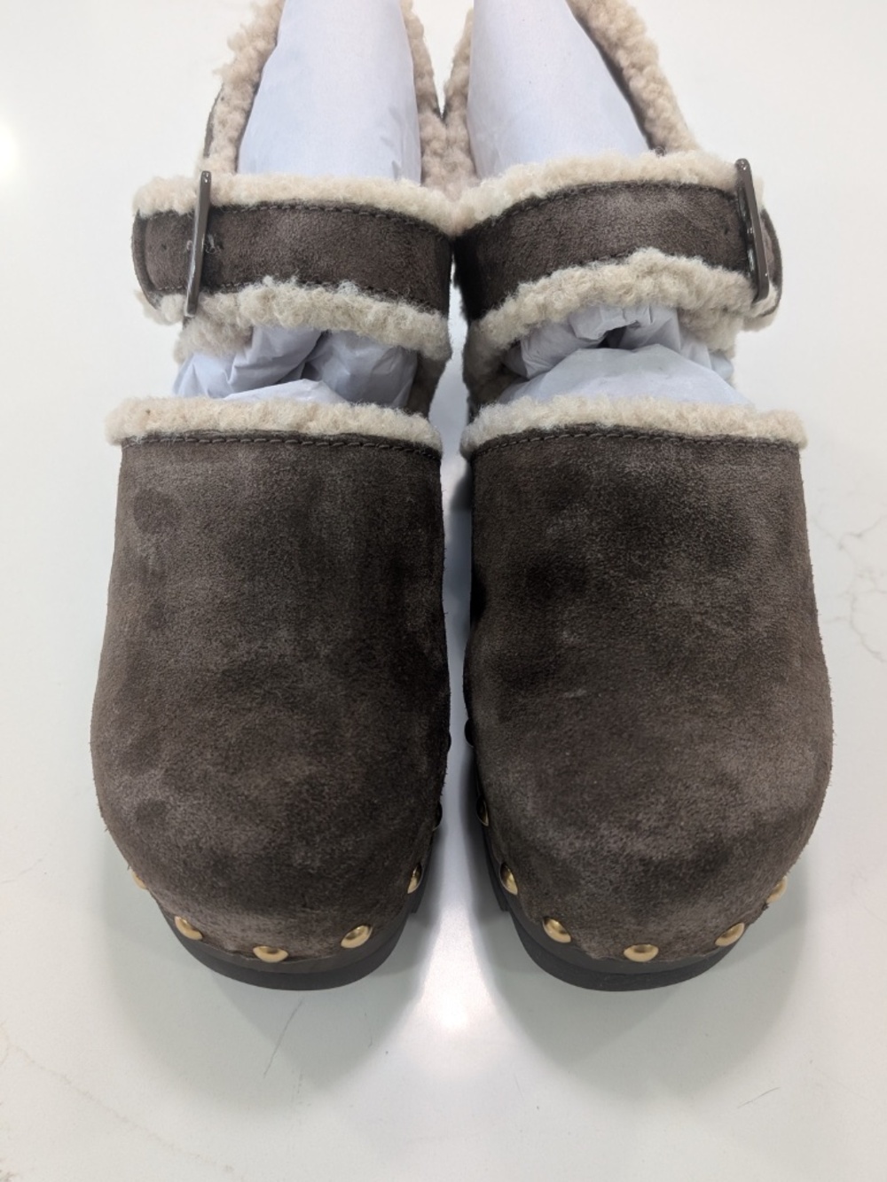 Tory Burch Shearling Lug Sole Clogs Suede Deep Espresso Brown Size 9 NIB 70mm - Picture 6 of 17